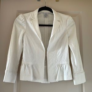 Diane von Furstenberg white cropped peplum jacket, puff shoulders, embroidered
